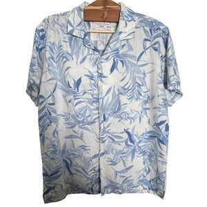 Porter & Ash Shirt Mens L Blue White 100% Linen Tropical Leaf Short Sleeve Camp